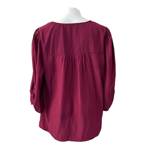 1.State Dark Red Satin Blouse Size L V-Neck Button Front 3/4 Sleeve - Picture 3 of 8
